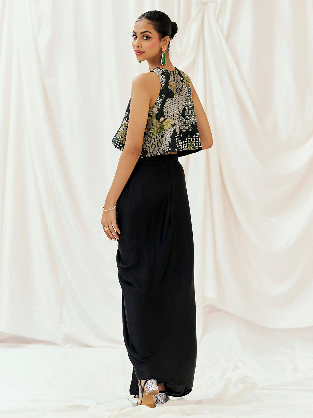 Black Printed Embroidered Drape Skirt Set image 4