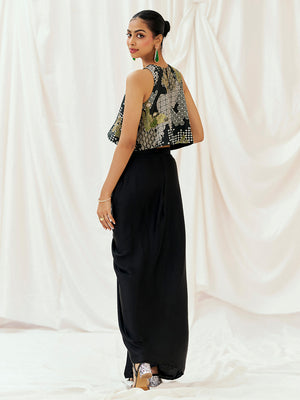 Black Printed Embroidered Drape Skirt Set image 4