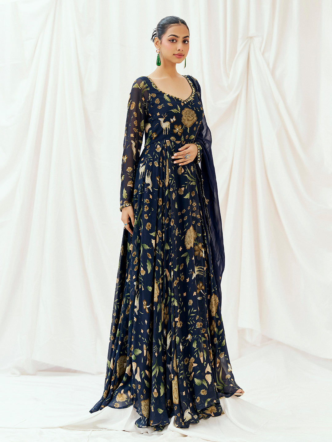 Navy Blue Printed Embroidered Anarkali Set with Dupatta image 1