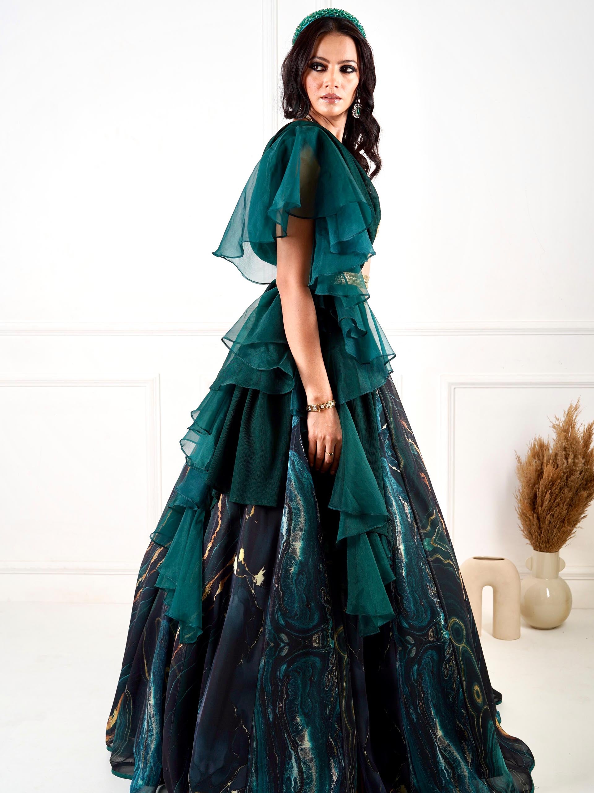 Green Meesha Marble Lehenga Set image 9