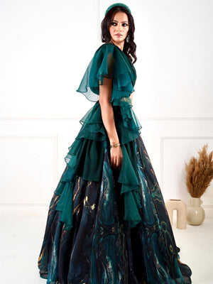 Green Meesha Marble Lehenga Set image 9