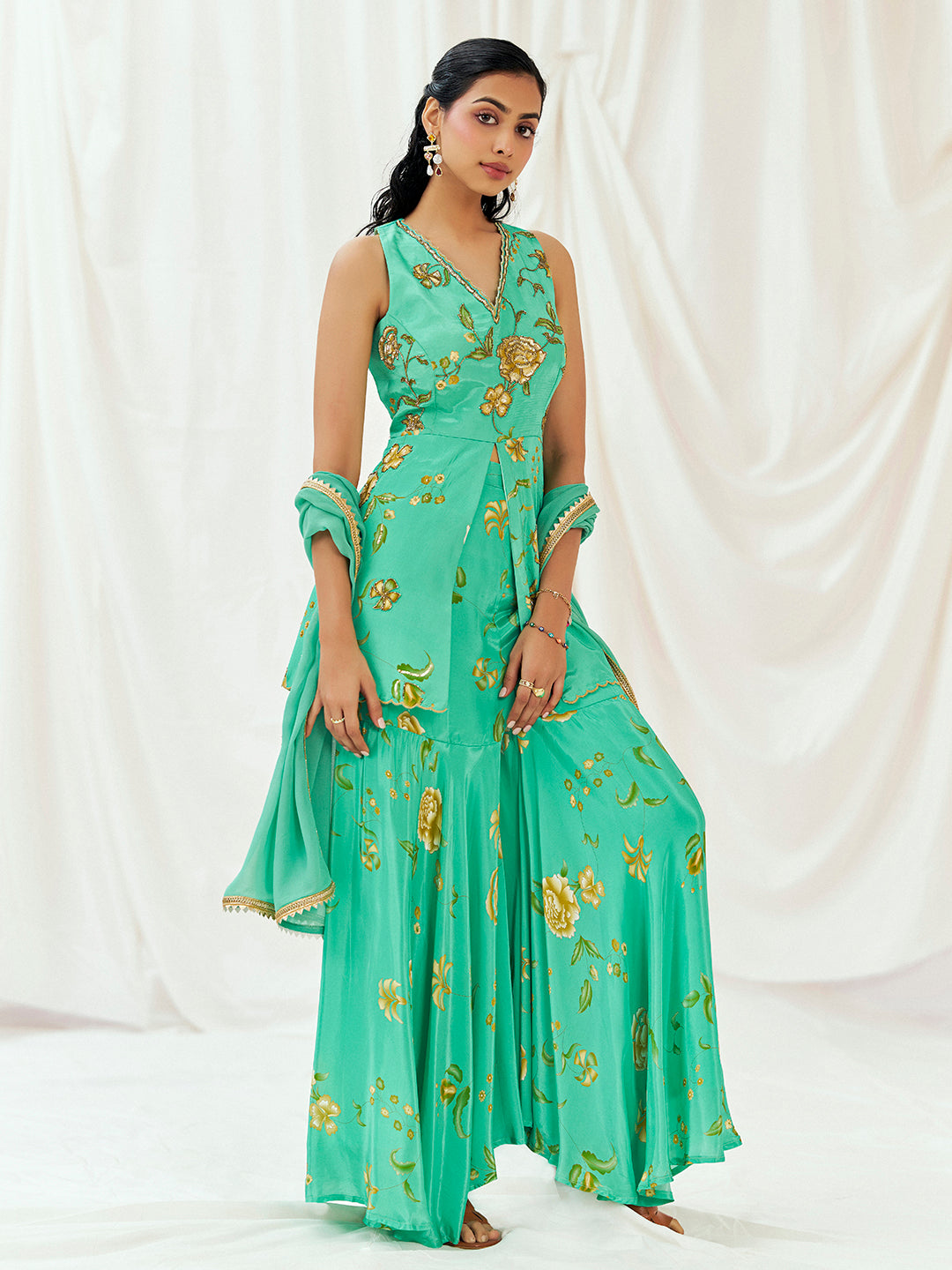 Turquoise Blue Printed Embroidered Sharara Suit Set image 2