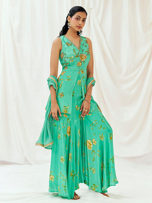 Turquoise Blue Printed Embroidered Sharara Suit Set image 2