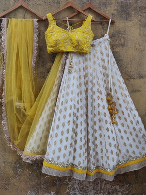 White and Yellow Ruffle Lehenga - L image