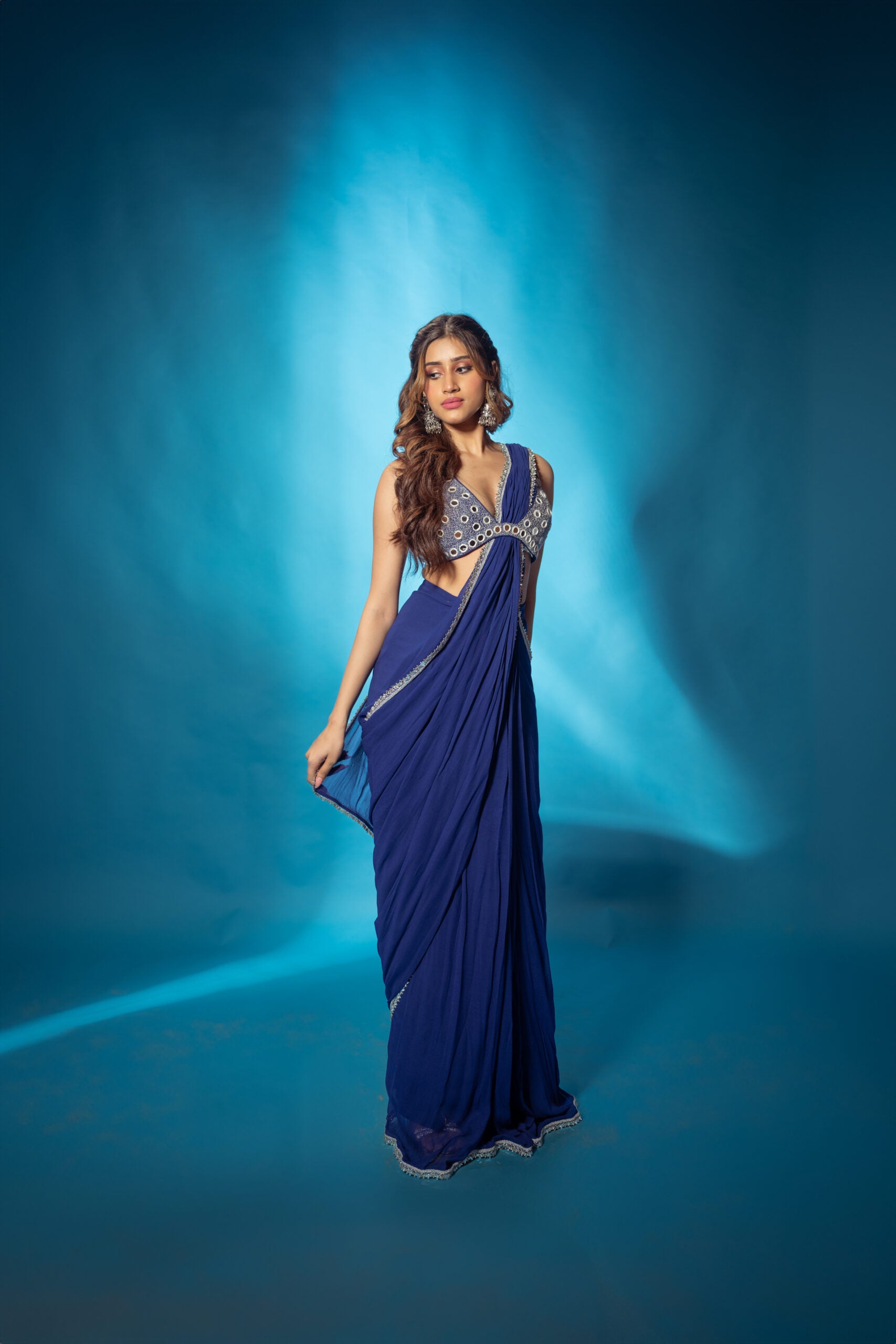 Blue Pre Stitched Saree With Mirror Work Blouse image 1