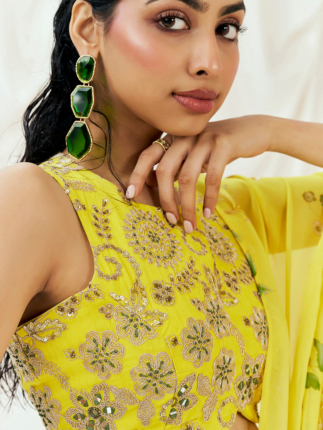 Bright Yellow Printed Embroidered Drape Saree Set image 5