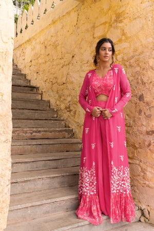 Pink Georgette Flared Pants &amp; Jacket Set image 1