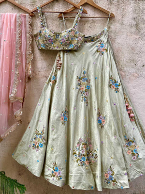 Tea Green Mirror Lehenga Set - M image