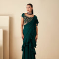 Green Georgette Crepe Ruffle Pant Saree image 0
