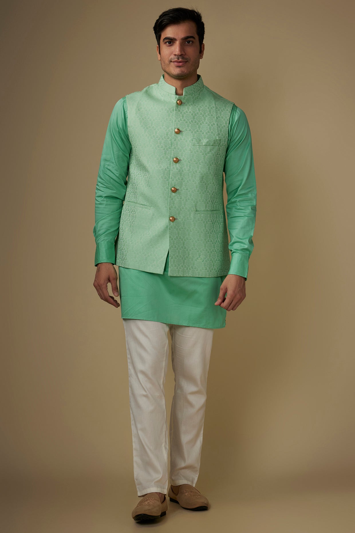 Mint Green Jacquard Jacket Kurta Set - M image