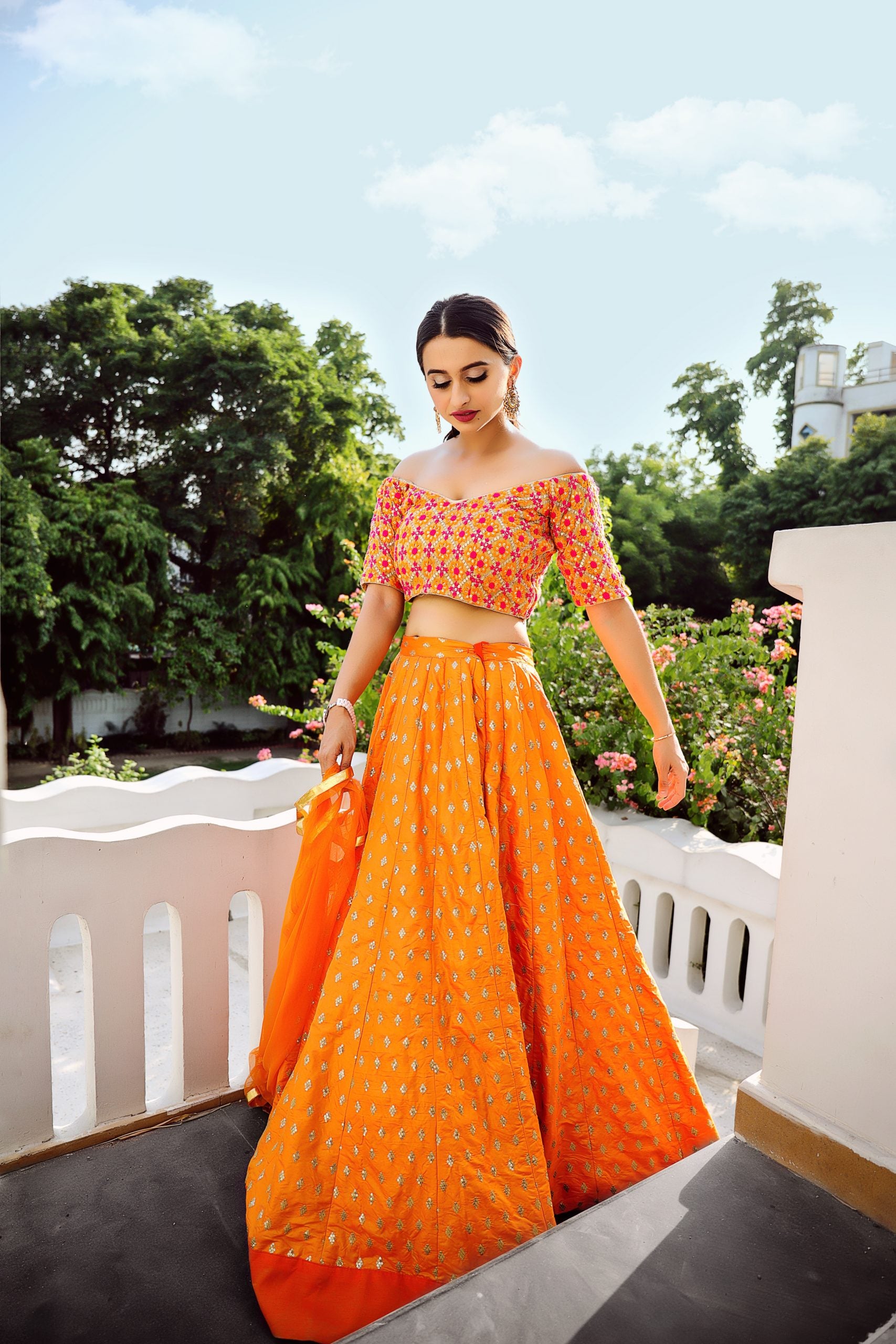 Orange Glitter Motif Lehenga Set with Ruffle Dupatta image 2