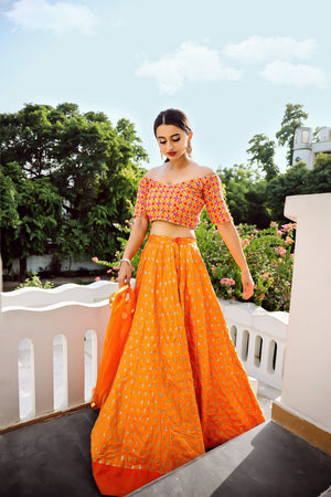 Orange Glitter Motif Lehenga Set with Ruffle Dupatta image 2