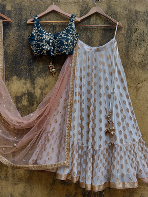 Ivory Ruffle Lehenga and Green Blouse Set - M image