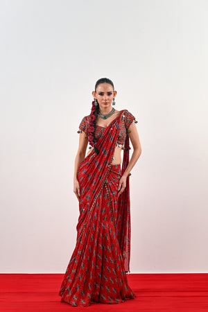 S PRE STITCHED SAREE PAIRED WITH EMBROIDERED BLOUSE - L image
