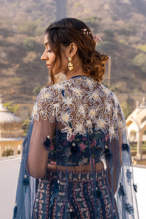 Blue Crepe Georgette Set With Cape image 6