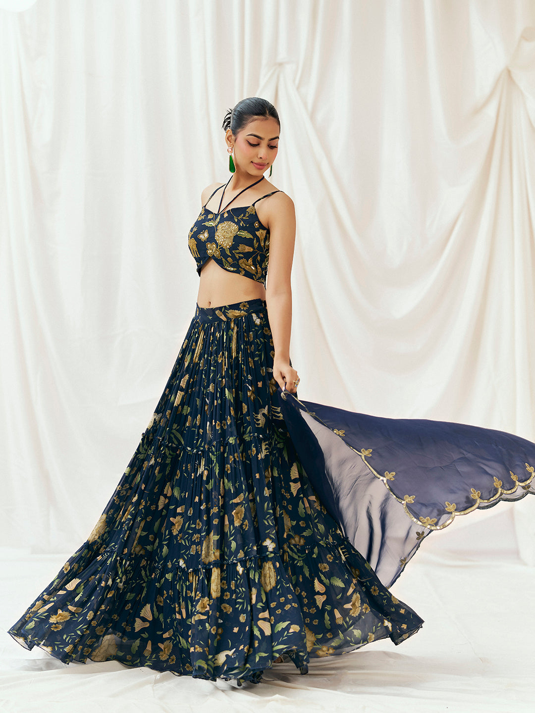 Navy Blue Printed Embroidered Lehenga Set with Dupatta - Custom image