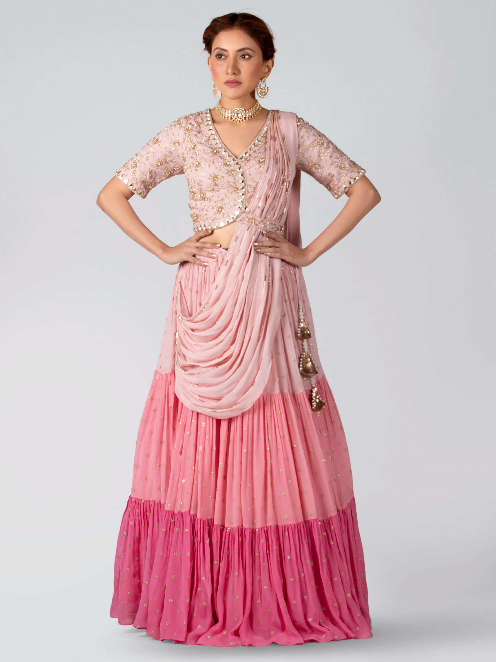 Pink Three Layered Lehenga Set - XL image