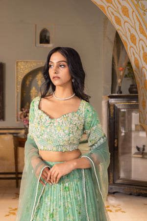 Green Embroidered Georgette Crepe Layered Lehenga Set - L image