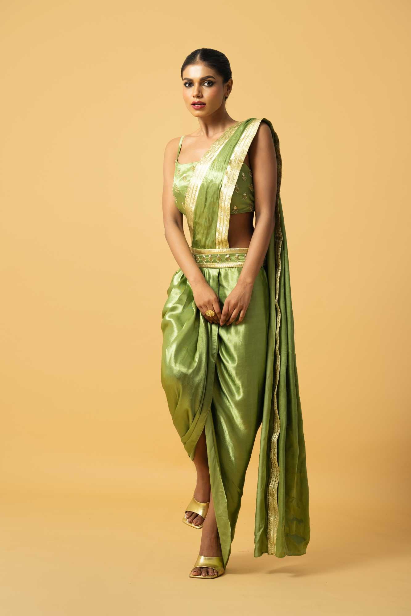 Bright Mint Green Modal Satin Dhoti Saree image 0