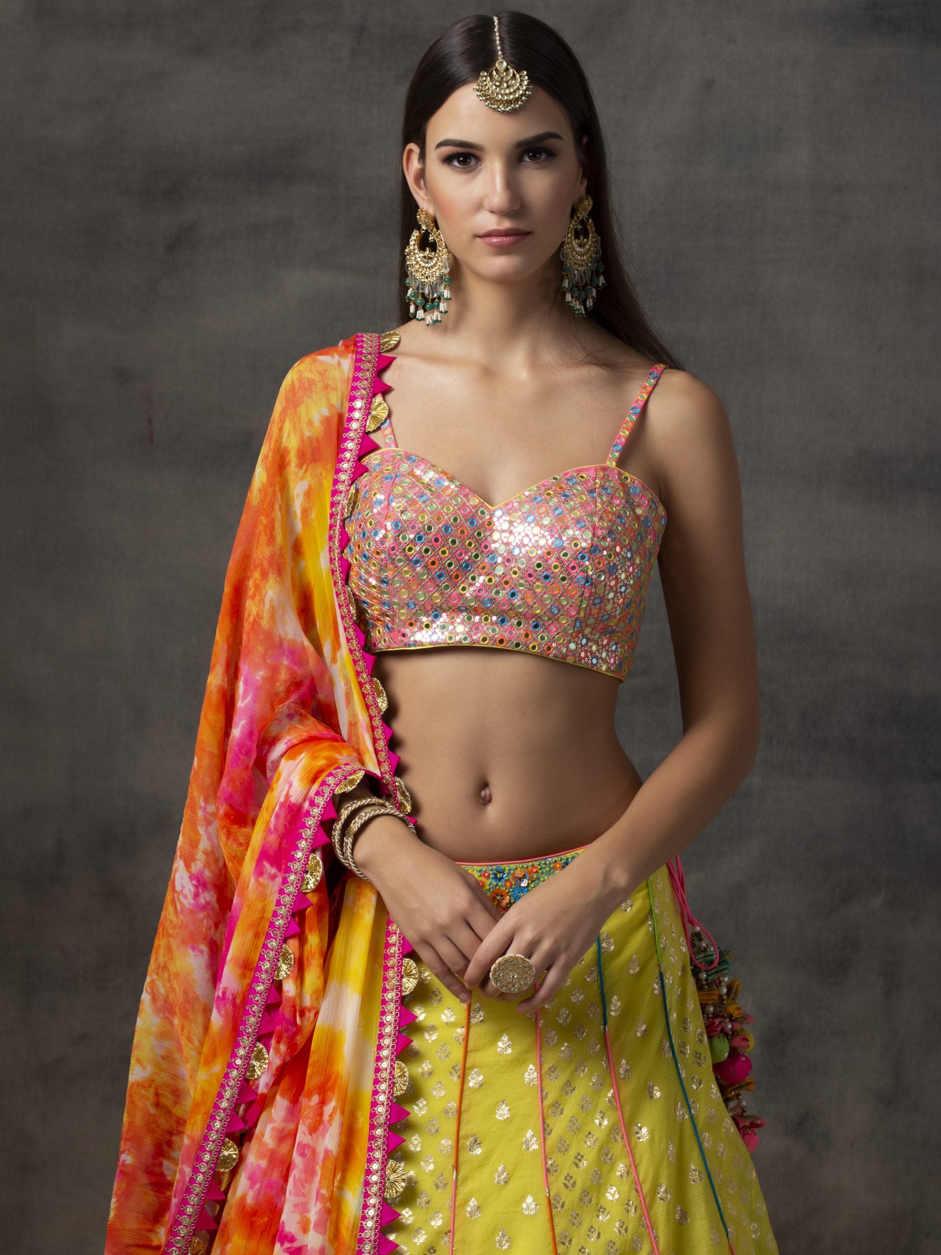 Yellow Lehenga with Rainbow Mirror Work Choli image 3
