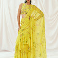 Bright Yellow Printed Embroidered Drape Saree Set image 0
