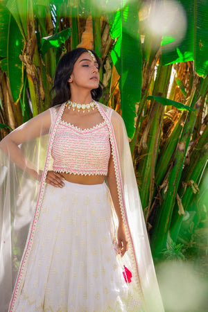White &amp; Pink Georgette Thread Embroidered Lehenga Set image 10