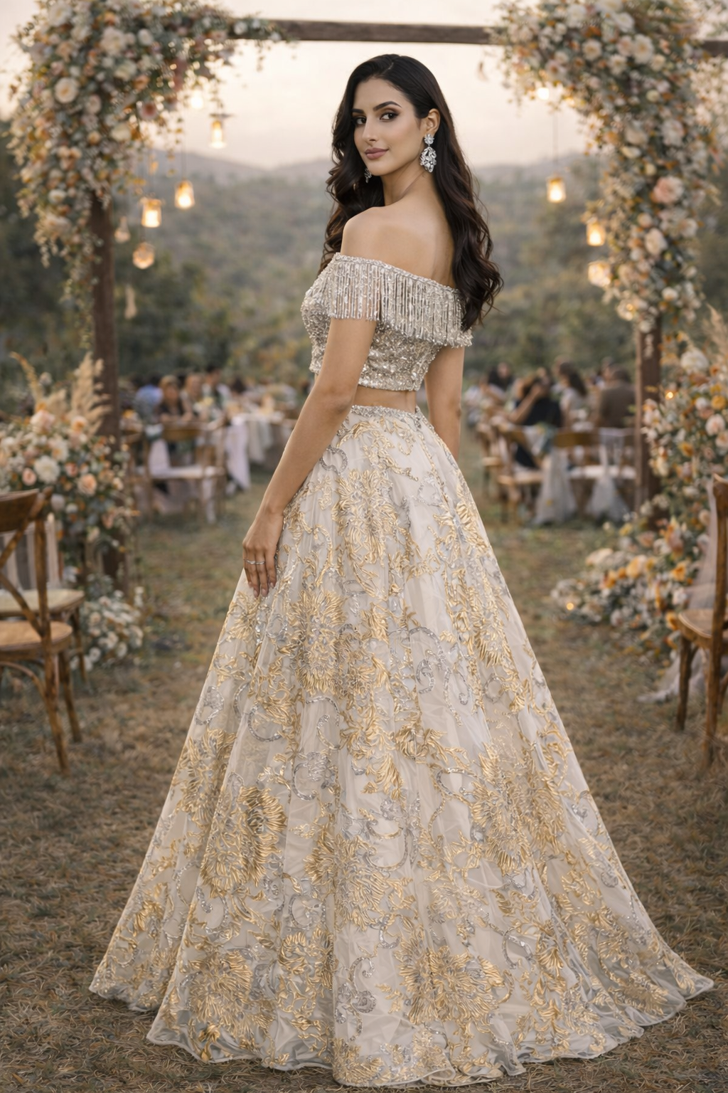 Silver Sequins Shoulder Blouse with Tassles teamed with an Ivory Organza Jaquard Skirt in Metallic Florals image 3