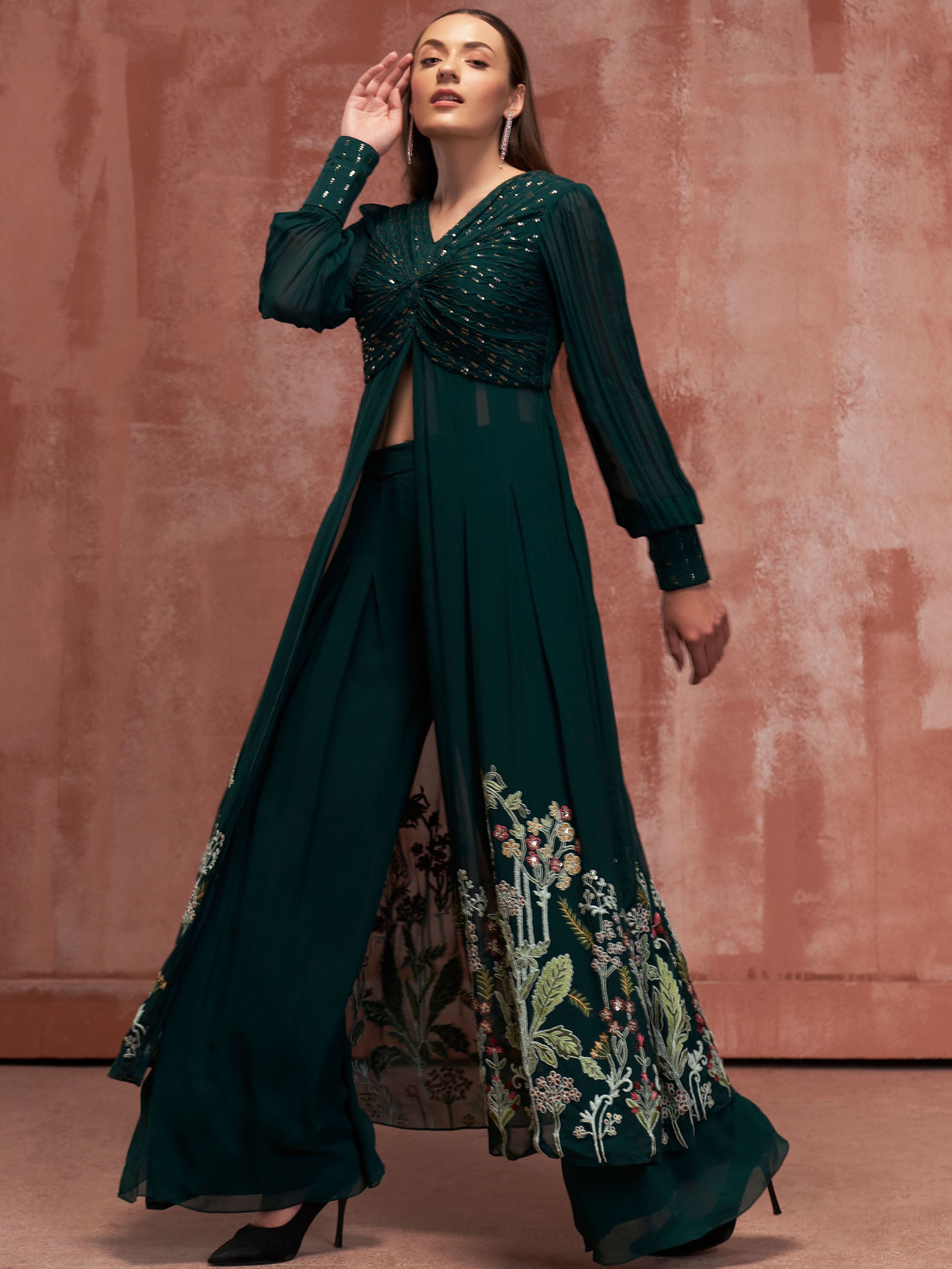 Green Butterfly Flared Pant Set image 3