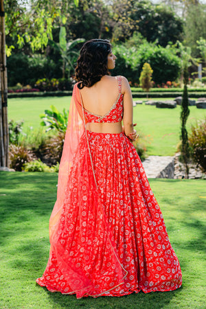 Cherry Red Floral Printed Lehenga Set image 4