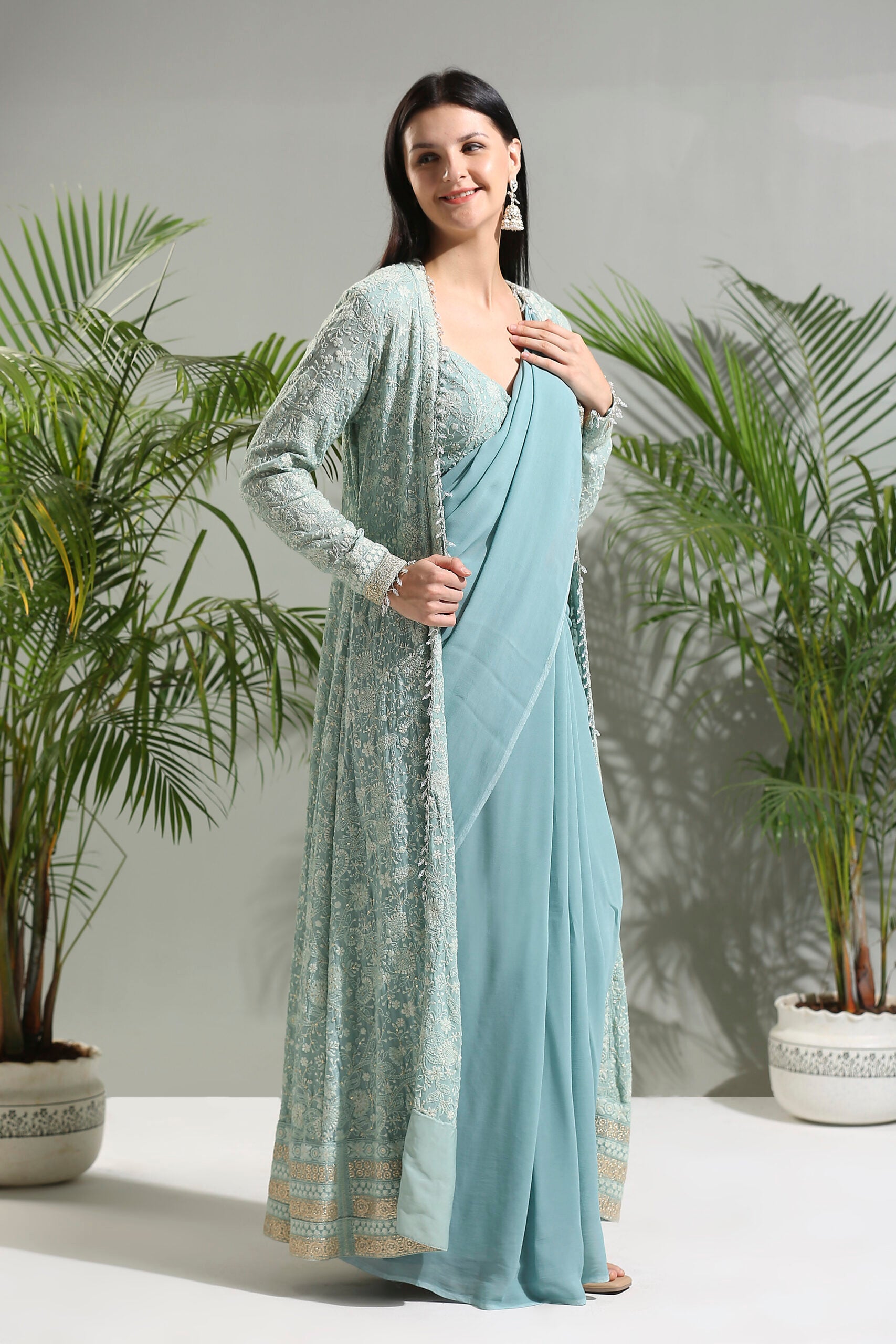 Dusty Blue Jacket and Saree Set image 0