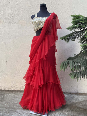 Red Ruffle Saree image 0
