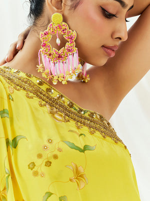 Bright Yellow Printed Embroidered Drape Skirt Set with Top & Bustier image 3