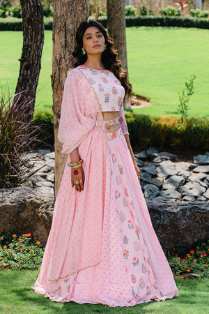 Blush Pink Floral Printed Embroidered Lehenga Set - L image