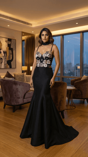 Floral embroidered corset with a mermaid style Black Skirt - Custom image