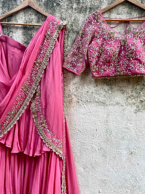 Pink Ruffled Embroidered Pre-stitched Saree Set image 2