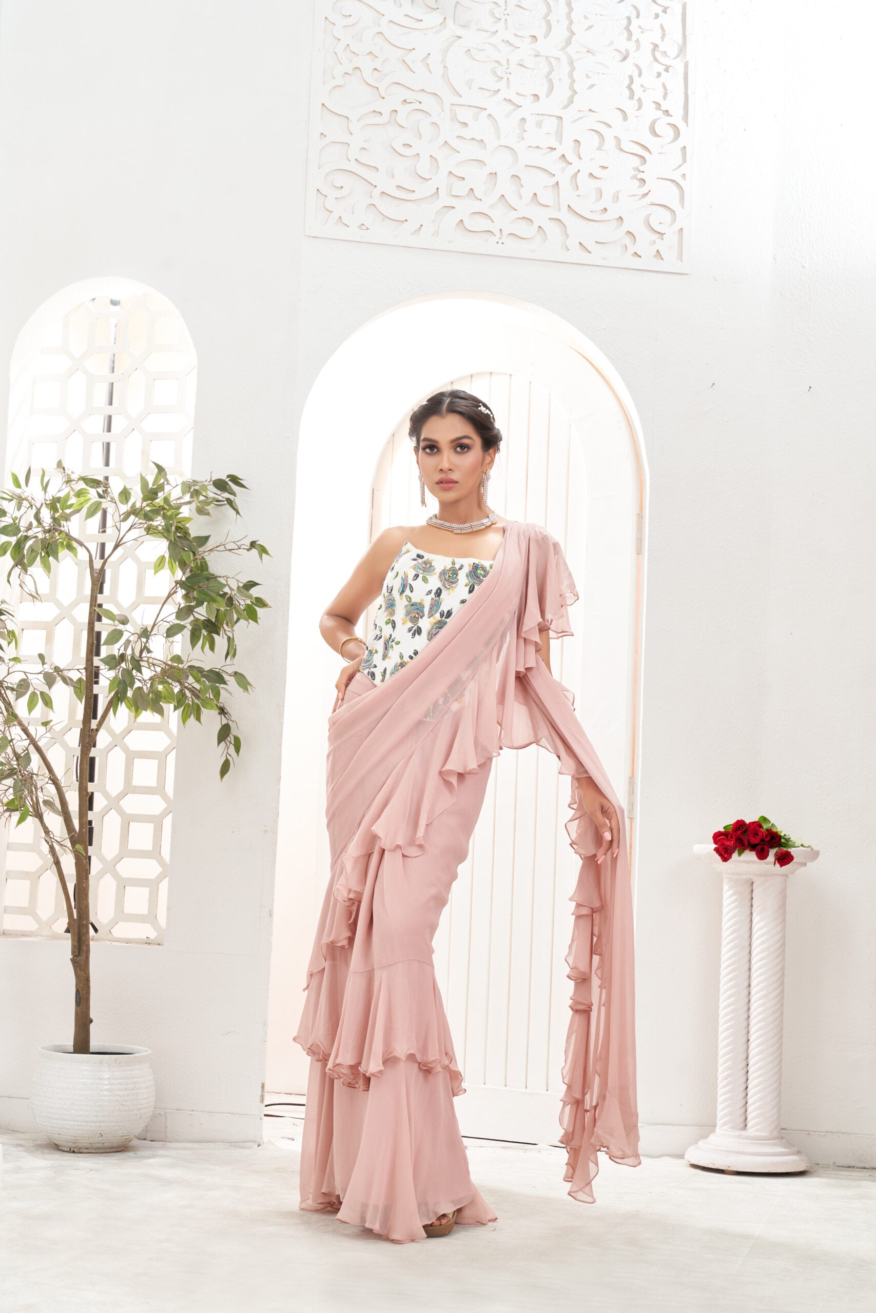 Powder Pink saree and Corset blouse set Mauve ruffle saree and hand painted corset set image 6