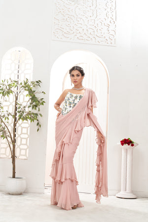 Powder Pink saree and Corset blouse set Mauve ruffle saree and hand painted corset set image 6