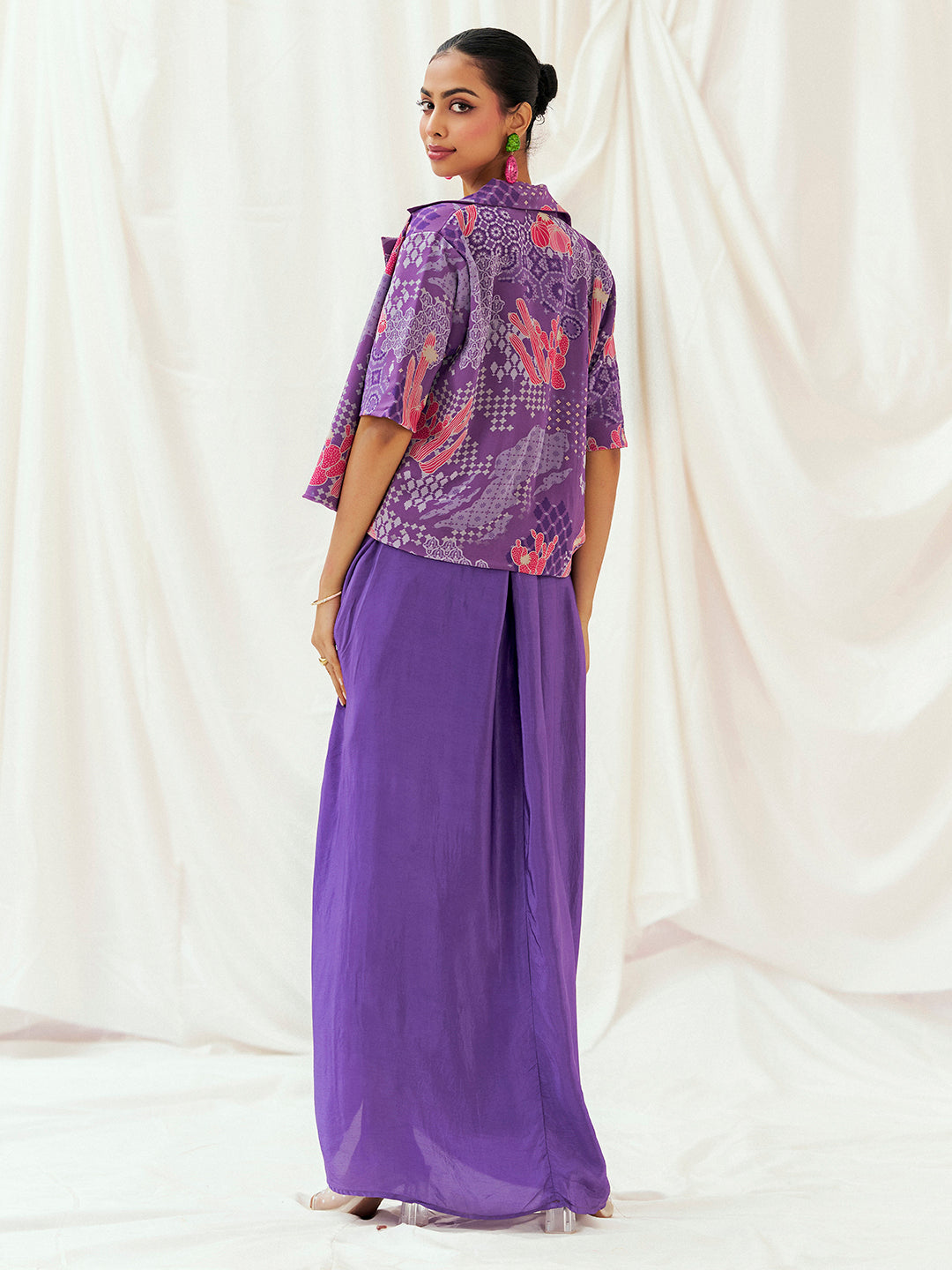 Violet Printed Embroidered Drape Skirt Set with Jacket image 4