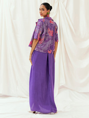 Violet Printed Embroidered Drape Skirt Set with Jacket image 4