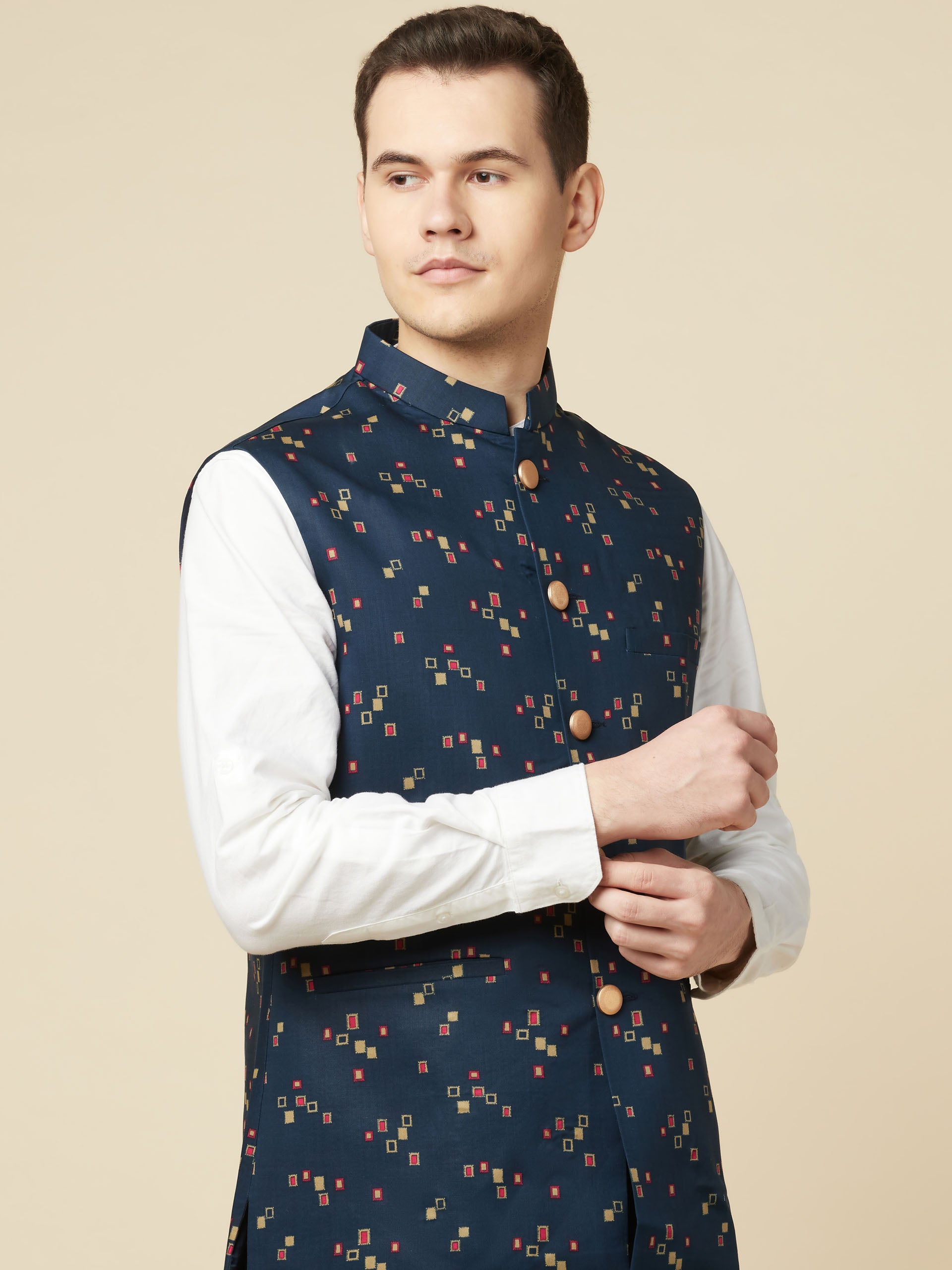 Teal Blue Print Bundi Jacket Set image 1