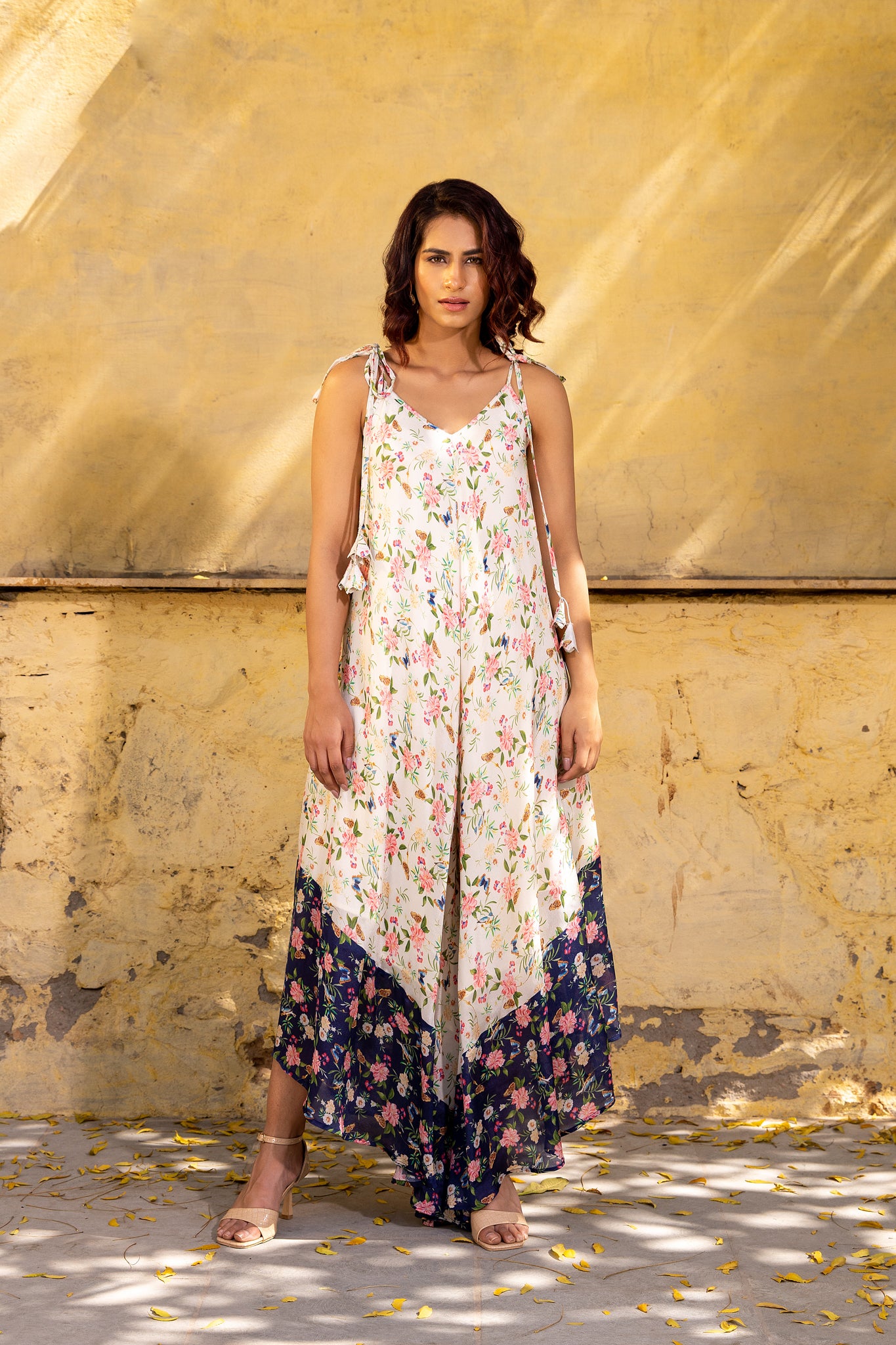 Off-White &amp; Navy Blue Georgette Crepe Printed Jumpsuit image 0