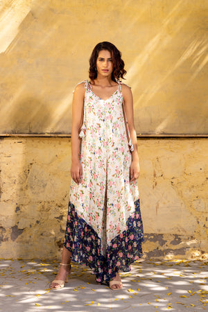 Off-White &amp; Navy Blue Georgette Crepe Printed Jumpsuit image 0