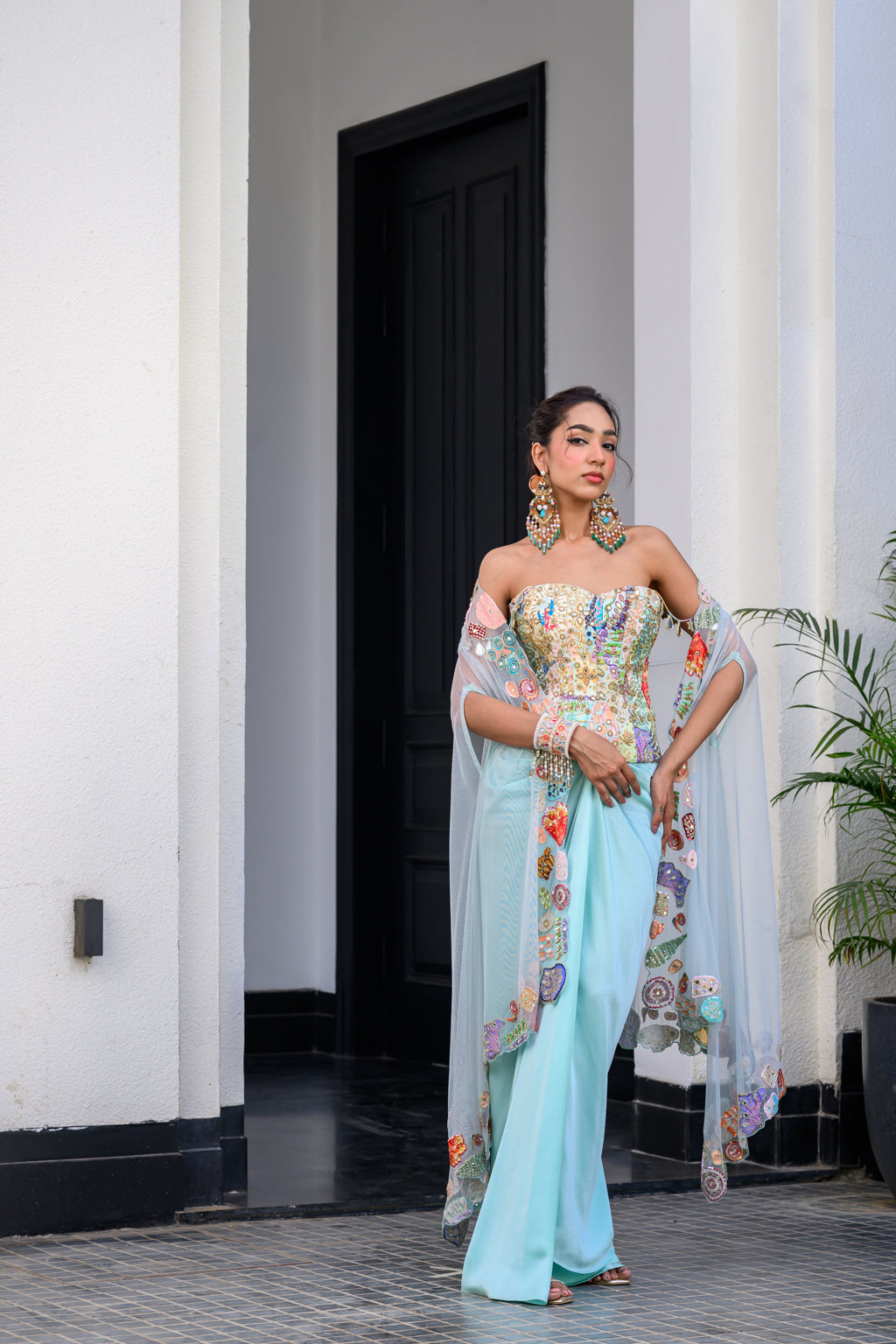 Gardenia Highlighted Corset With Dhoti Skirt And Cape image 8