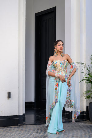 Gardenia Highlighted Corset With Dhoti Skirt And Cape image 8