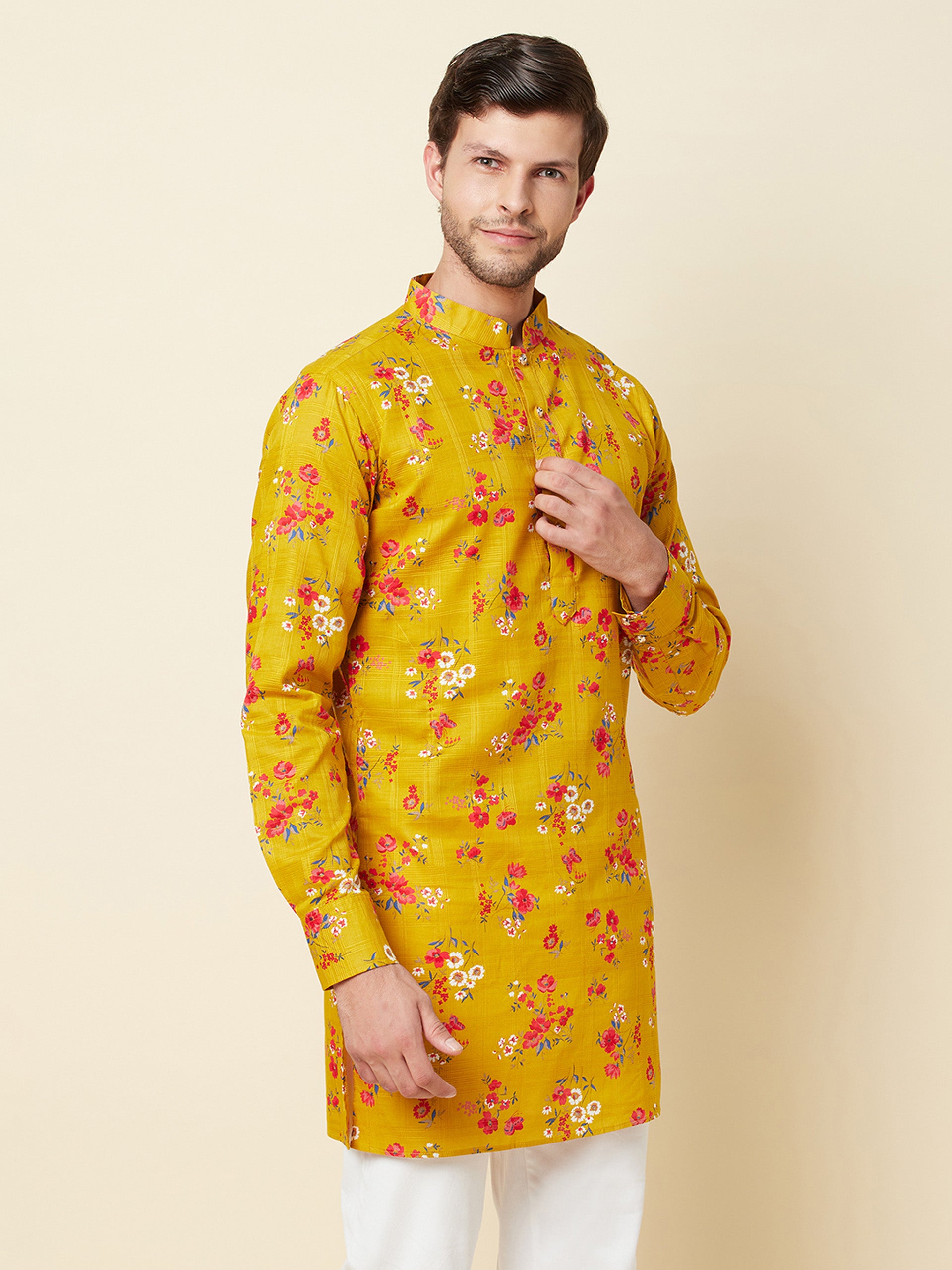 Mustard Print Linen Kurta image 3