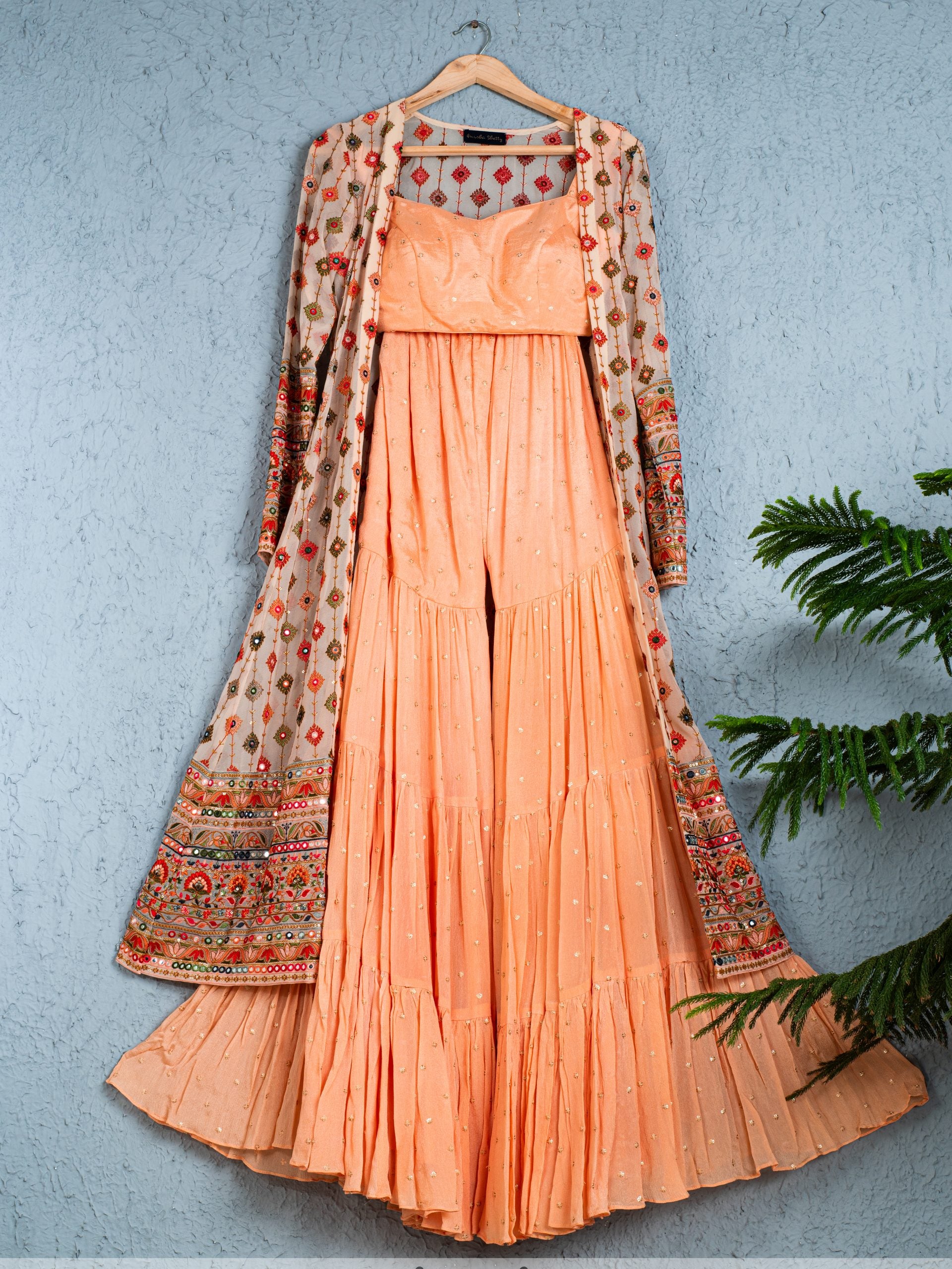 Coral Peach Sharara Set With Multi color Threadwork Jacket image 0