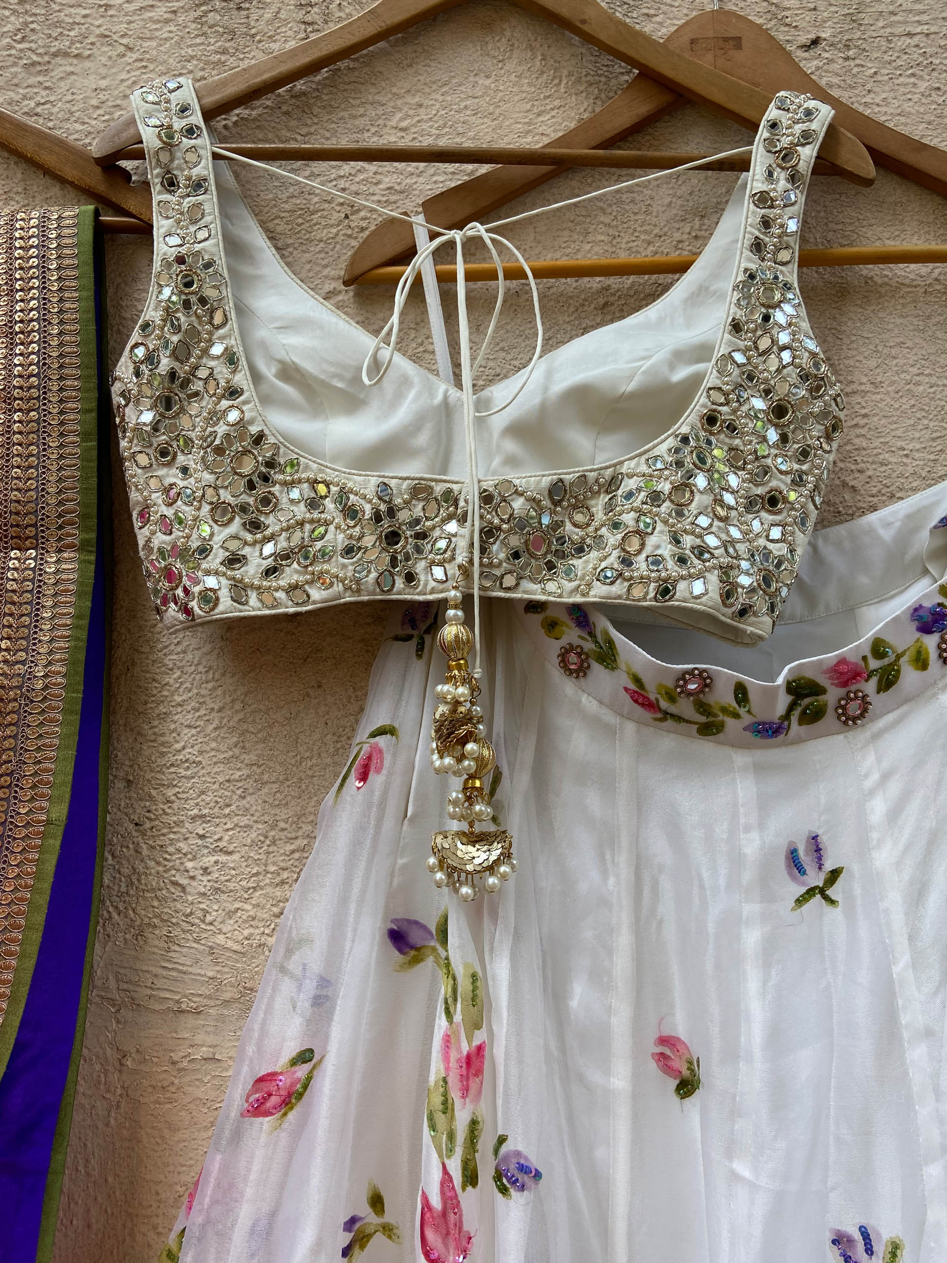 Ivory Handpainted Bridal Mirror Lehenga Set image 5