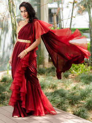 Maroon and Gold Lasha Saree Set - L image