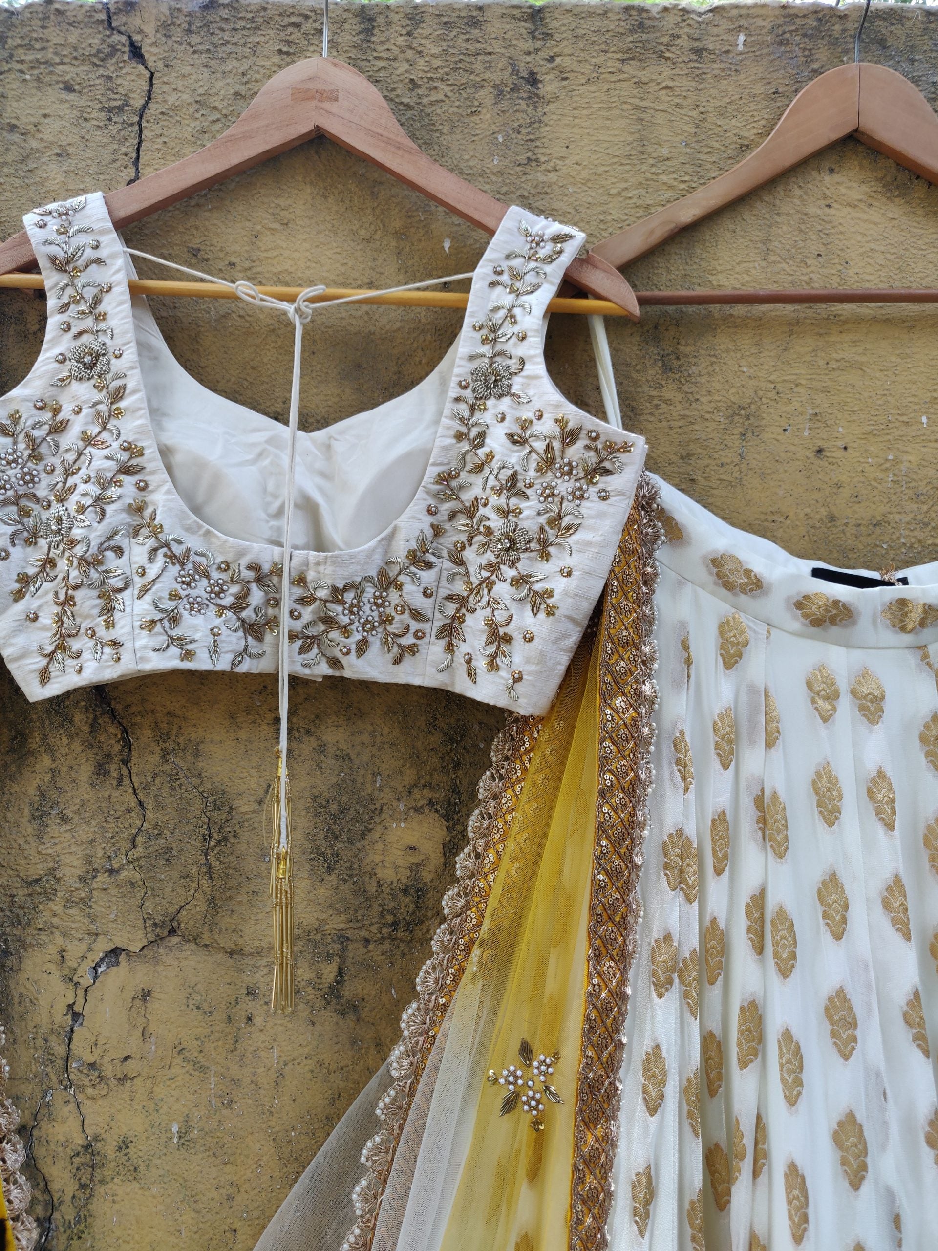 Ivory Butti Georgette Lehenga Set with Yellow Shaded Dupatta image 4