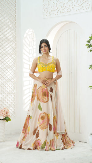 Baby Pink hand painted lehenga and embroidered  Yellow blouse set image 5